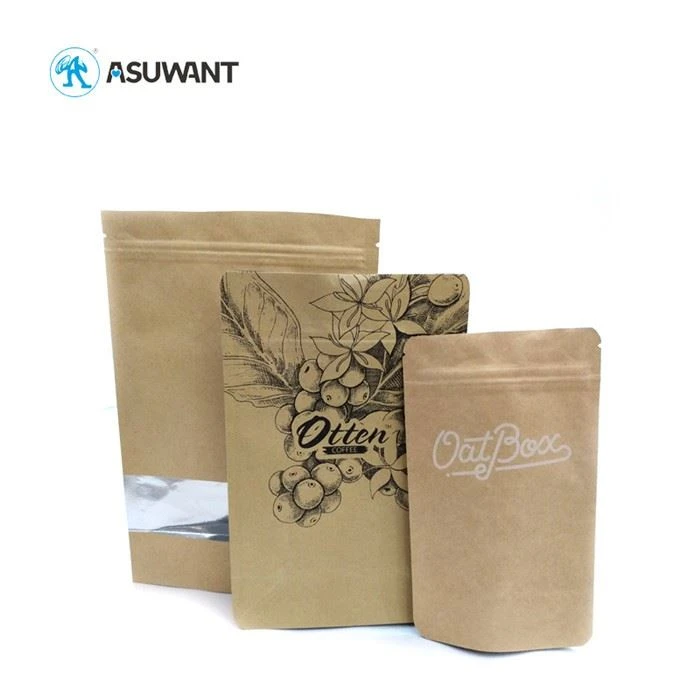 Borsa di imballaggio con chiusura a chiusura di carta kraft marrone con finestra trasparente
